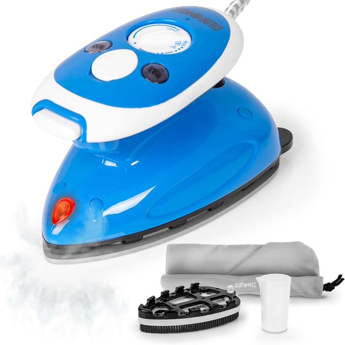 Duronic SI2 BE Plancha de viaje con función vapor | Potencia 375 W | Plancha ligera y compacta 762g | Depósito 50 ml | Incluye cepillo, base, bolsa de transporte y vaso dosificador | Color Azul