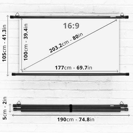 Duronic BPS80 Pantalla de Proyector 80" HD 16:9 203 cm | Ligera y Montable Ideal para Cine en Casa y Oficina | Compatible con 4K UHD, Full HD 1080P 3D | Dimensiones 177 x 100 cm