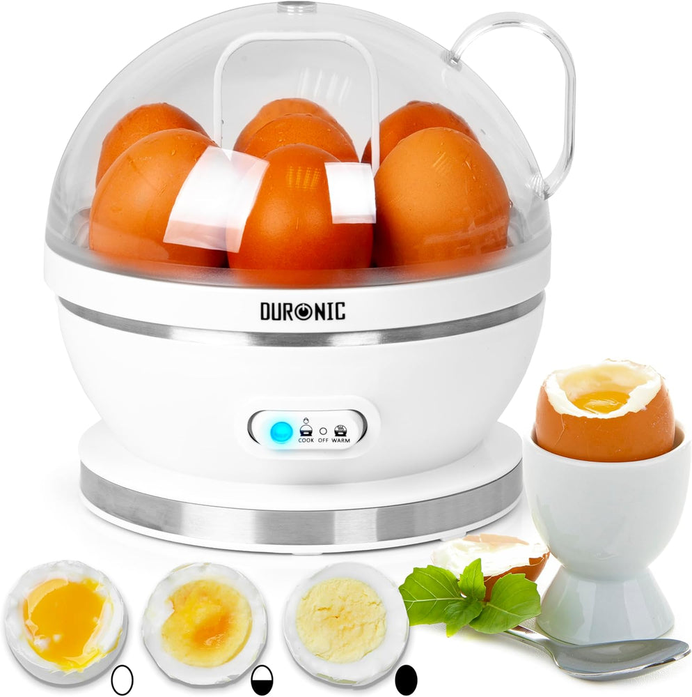 Duronic EB27 WE Hervidor de huevos | 400W potencia | 7 huevos | Huevos duros, huevos mollet, huevos pasados por agua | Avisador sonoro | Función mantener caliente | Protección contra hervido en seco