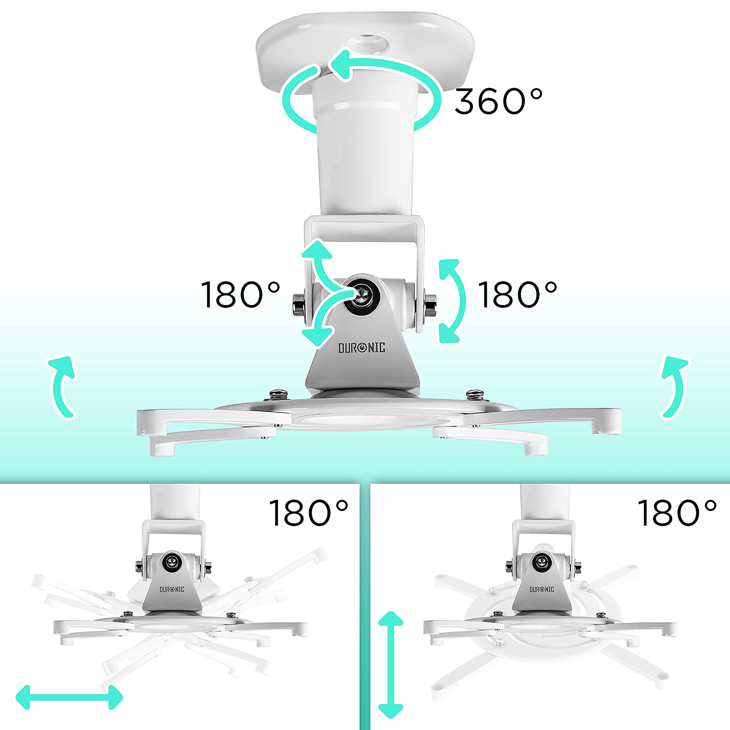 Duronic PB07XB Soporte para Proyector de Techo y Pared, Universal | Mostrando esquemas de movilidad del soporte en color blanco, destacando su capacidad de giro de 360° en la base y ángulos de inclinación y ajuste de 180° en el cabezal articulado