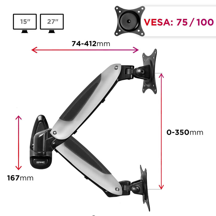 Duronic DM65W1X1 Brazo para Monitor 15 a 27" de Pared | Hasta 8kg | Brazo de 33cm con Sistema de Muelle | Cabezal VESA 75 y 100 Giratorio e Inclinable -90°+85°| Incluye placa para instalacion en pared