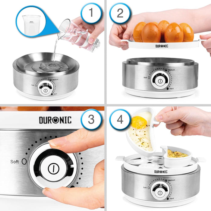 Duronic EB40 WE Hervidor de huevos | Potencia 400W | 7 huevos | Cocción con termostato y minutero | Huevos duros, huevos mollet, huevos pasados por agua | Apagado automático | Accesorio para escalfar