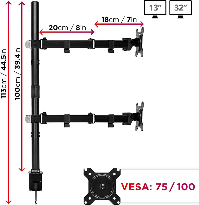 Duronic DMT152VX2 BK Brazo para Monitor | para 2 Pantallas de 13 a 32" y 8 kg de Capacidad | Cabezal VESA 75 y 100 Giratorio e inclinable +90 °- 35 °| 100cm de Altura Ajustable | Brazo Extensible