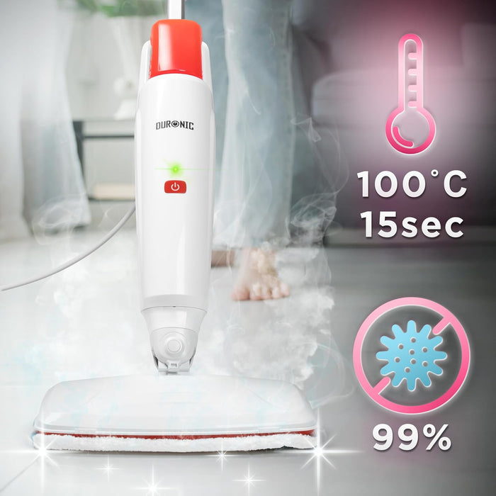 Duronic STM15 WE Mopa de Limpieza a Vapor 1500W, Limpiador a Vapor automático, Limpia sin Químicos, Gran Depósito 500 ml, hasta 100 °C, para Suelos Duros, Baldosas y Alfombras, Color Blanco