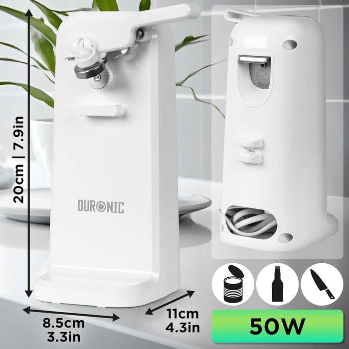 Duronic CO40 WE Abrelatas Eléctrico de 50 W con Afilador y Abrebotellas, Abre Latas de Conserva Automático, Afilador de Cuchillos, Abrebotellas, Retira Tapones, Fácil de Usar, Compacto