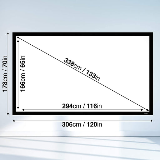 Duronic FFPS133 Pantalla para proyector con Marco para Instalación Fija | 133" y Dimensiones de 295 x 165 cm | Formato 16:9 4K Full HD 3D | Doble Tela y Parte Trasera en Negro | Ganancia +1