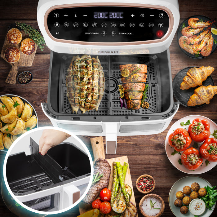 Duronic AF34 WG Freidora de aire sin aceite 2400 W | Air Fryer 2 cestas 5L + 1 cesta 10L con Ventana | Airfryer 10 programas | Pantalla táctil | Cestas antiadherentes | Fácil de limpiar | 50-200º