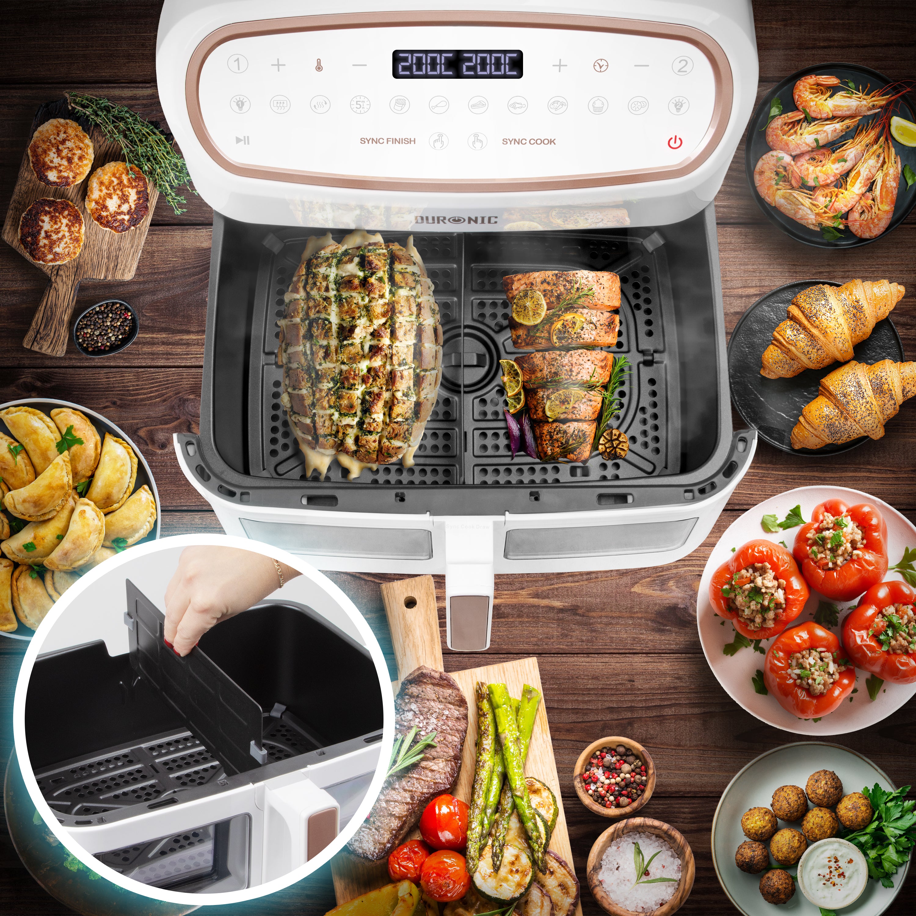Duronic AF34 WE Freidora de aire sin aceite 2400 W | Air Fryer 2 cestas 5L + 1 cesta 10L con Ventana | Airfryer 10 programas | Pantalla táctil | Cestas antiadherentes | Fácil de limpiar | 50-200º (Copy)