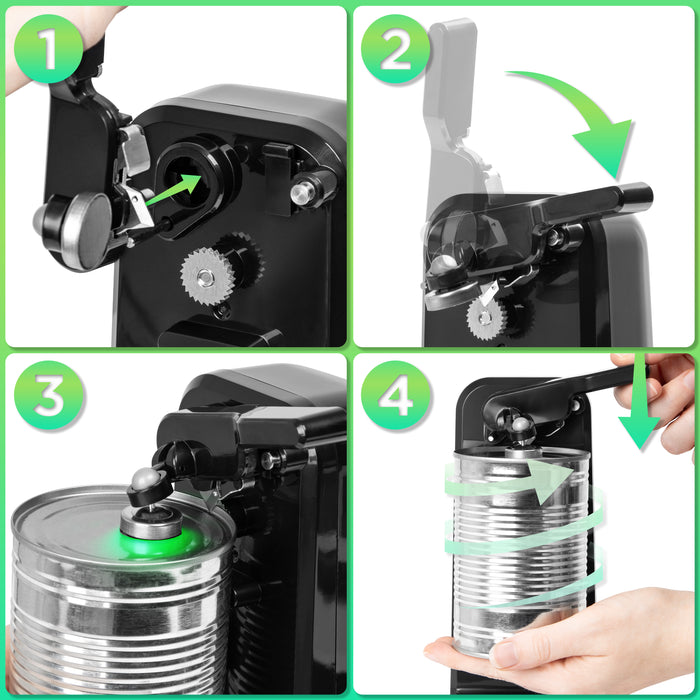Duronic CO40 BK Abrelatas Eléctrico 50W - Abre Latas de Conserva Automático con Afilador de Cuchillos y Abrebotellas, Permite Retirar Tapones de Botellas y Latas