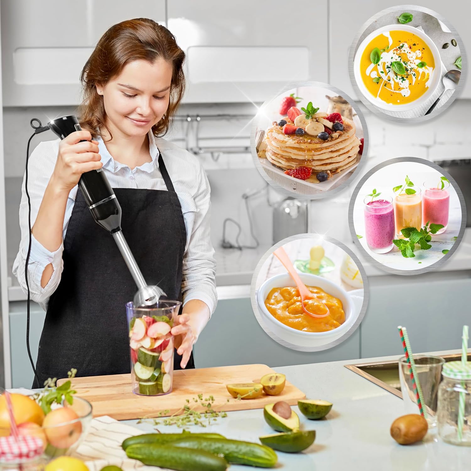 Duronic HB35B Batidora de Mano 350 W, 2 Velocidades, Ligera y Ergonómica Mostrando a una mujer usando la batidora de mano en un vaso con ingredientes picados, rodeada de imágenes circulares que muestran diferentes preparaciones culinarias como crema de calabaza, tortitas con fruta, batidos y puré