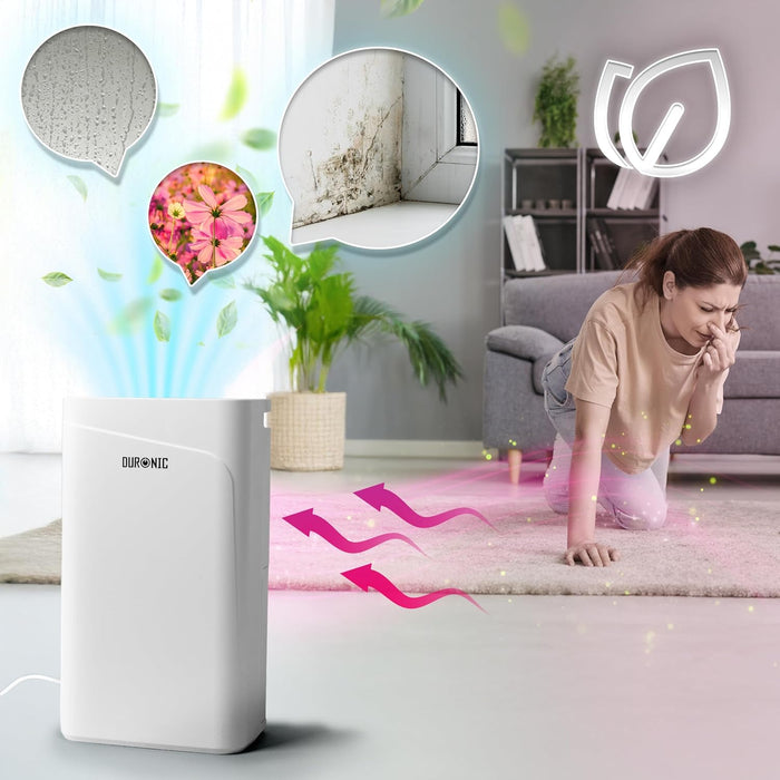 Duronic DH121 Deshumidificador 300W hasta 12L/día Depósito 2,1L con drenaje continuo Temporizador 1-24h Control humedad 30-80% Silencioso 36dB portátil con ruedas para hogar oficina sótano