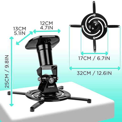 Duronic PB01XB Soporte para Proyector de Techo y Pared |Universal y Articulado | Soporta hasta 10 kg | Inclinable y Giratorio hasta 360º |Color Negro | Cine en Casa