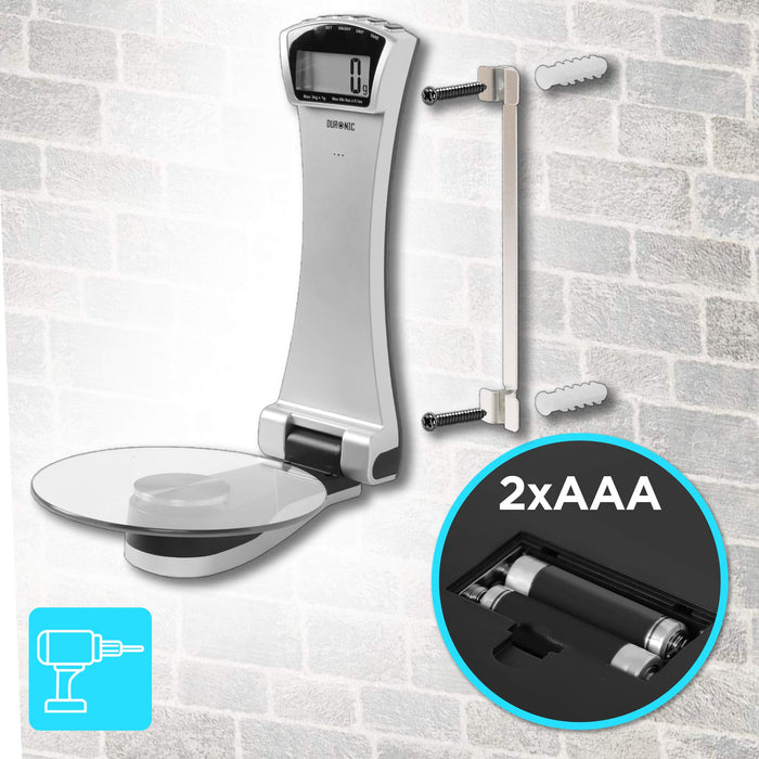 DURONIC KS4000 Báscula de cocina plegable de pared de precision | 16cm diametro | Pantalla LCD y Peso máximo 3kg | Montaje en pared |Función tara | Balanza Pesa Alimentos Joyas Líquidos