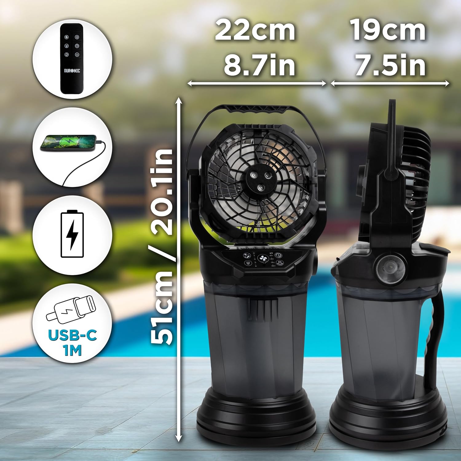 Duronic FM6 Ventilador Nebulizador Portátil Recargable USB-C Depósito 2 L Mostrando las dimensiones del ventilador (51 cm / 20.1 in de alto, 22 cm / 8.7 in de ancho y 19 cm / 7.5 in de profundidad) y sus características principales en iconos laterales: control remoto, función de carga de dispositivos (power bank), batería recargable y conexión USB-C de 1 m