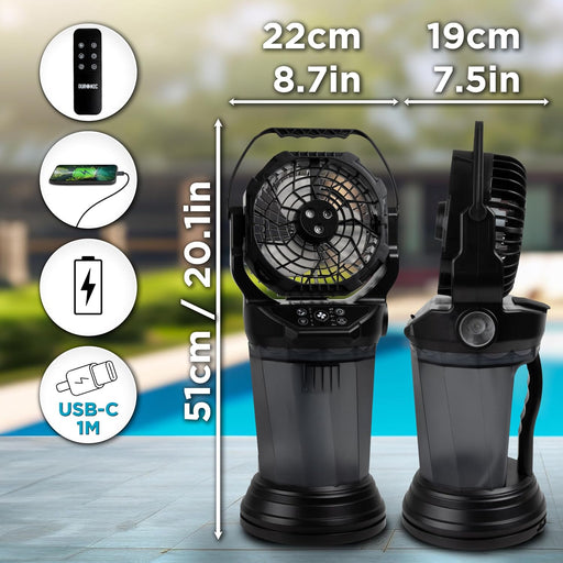 Duronic FM6 Ventilador Nebulizador Portátil Recargable USB-C Depósito 2 L, 4 velocidades, oscilación 90°, temporizador 2/4/8 h, mando a distancia, luz LED y linterna, caudal 1400 m³/h, 15 W