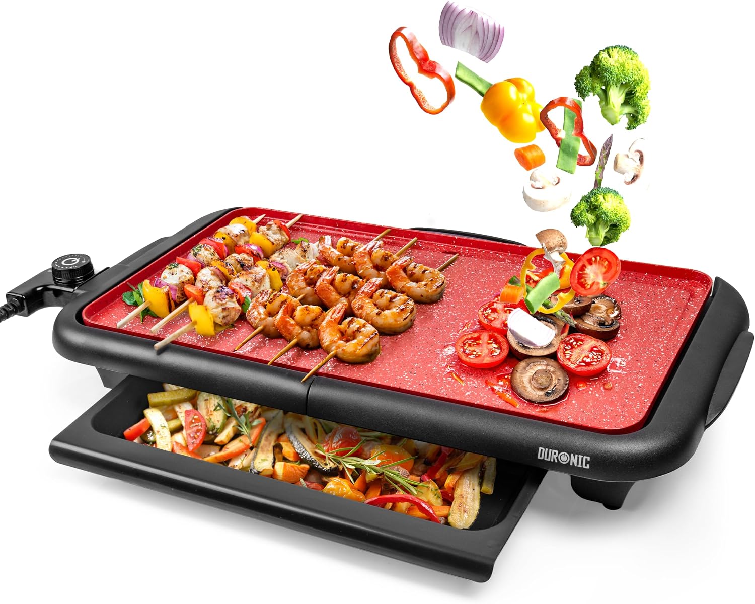 Duronic GP25 Plancha Eléctrica Teppanyaki 2000W 47x26 cm Cerámica Titanio, Antiadherente, Hasta 225 °C, Bandeja Inferior para Tostar y Mantener Caliente, Recogegrasas Extraíble, Asas de Tacto Frío