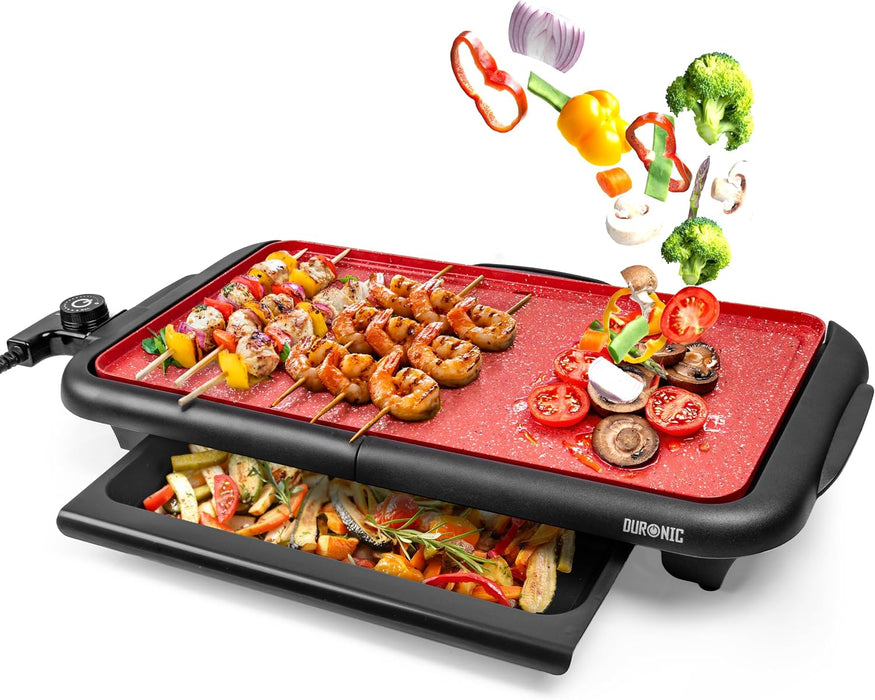 Duronic GP25 Plancha Eléctrica Teppanyaki 2000W 47x26 cm Cerámica Titanio, Antiadherente, Hasta 225 °C, Bandeja Inferior para Tostar y Mantener Caliente, Recogegrasas Extraíble, Asas de Tacto Frío