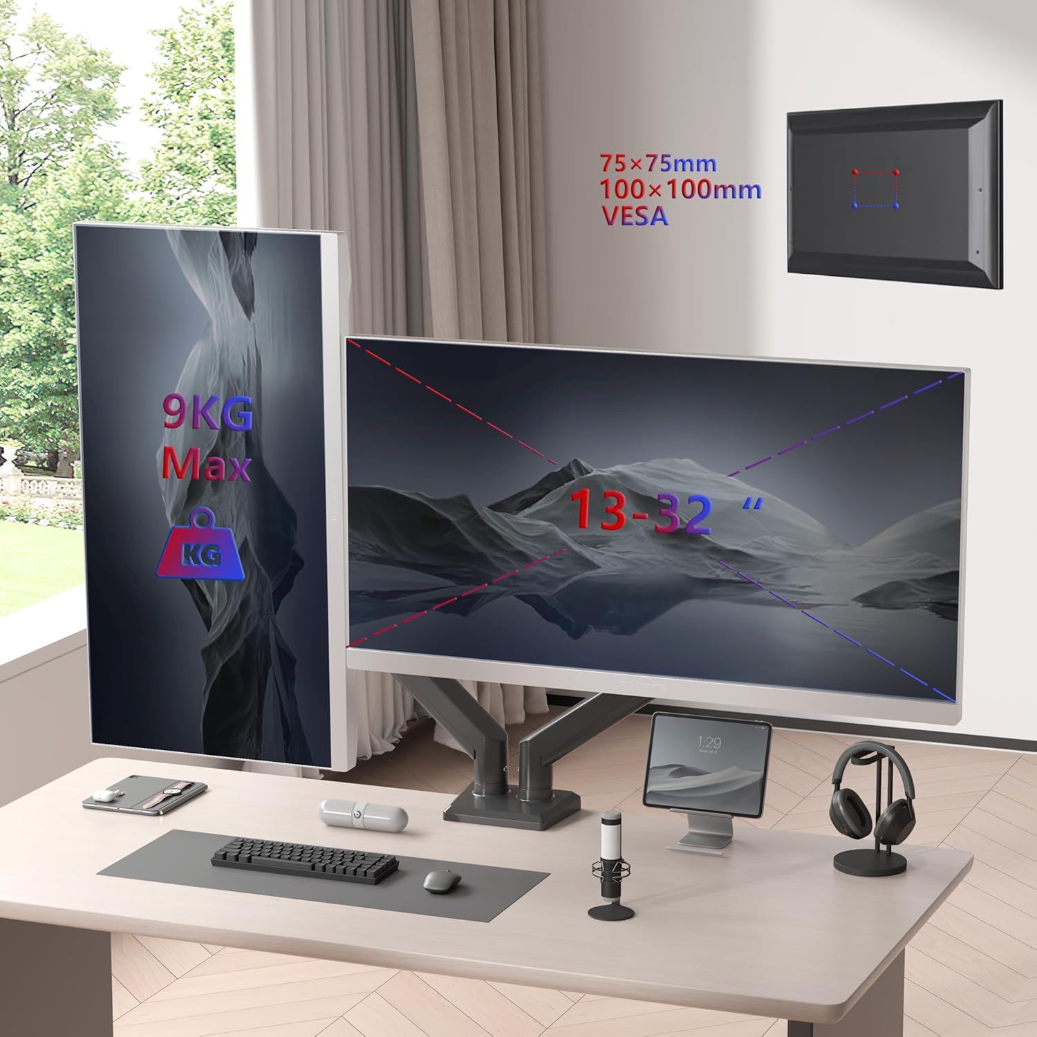 Duronic DM6A2 Brazo para 2 monitores de Ordenador Soporte para monitores de 13 a 32 Pulgadas VESA 75 100 Carga máxima 9 kg Rotación de 360° Brazo con Resorte de Gas