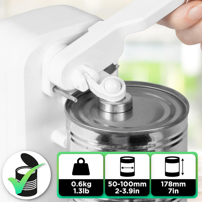 Duronic CO40 WE Abrelatas Eléctrico de 50 W con Afilador y Abrebotellas, Abre Latas de Conserva Automático, Afilador de Cuchillos, Abrebotellas, Retira Tapones, Fácil de Usar, Compacto