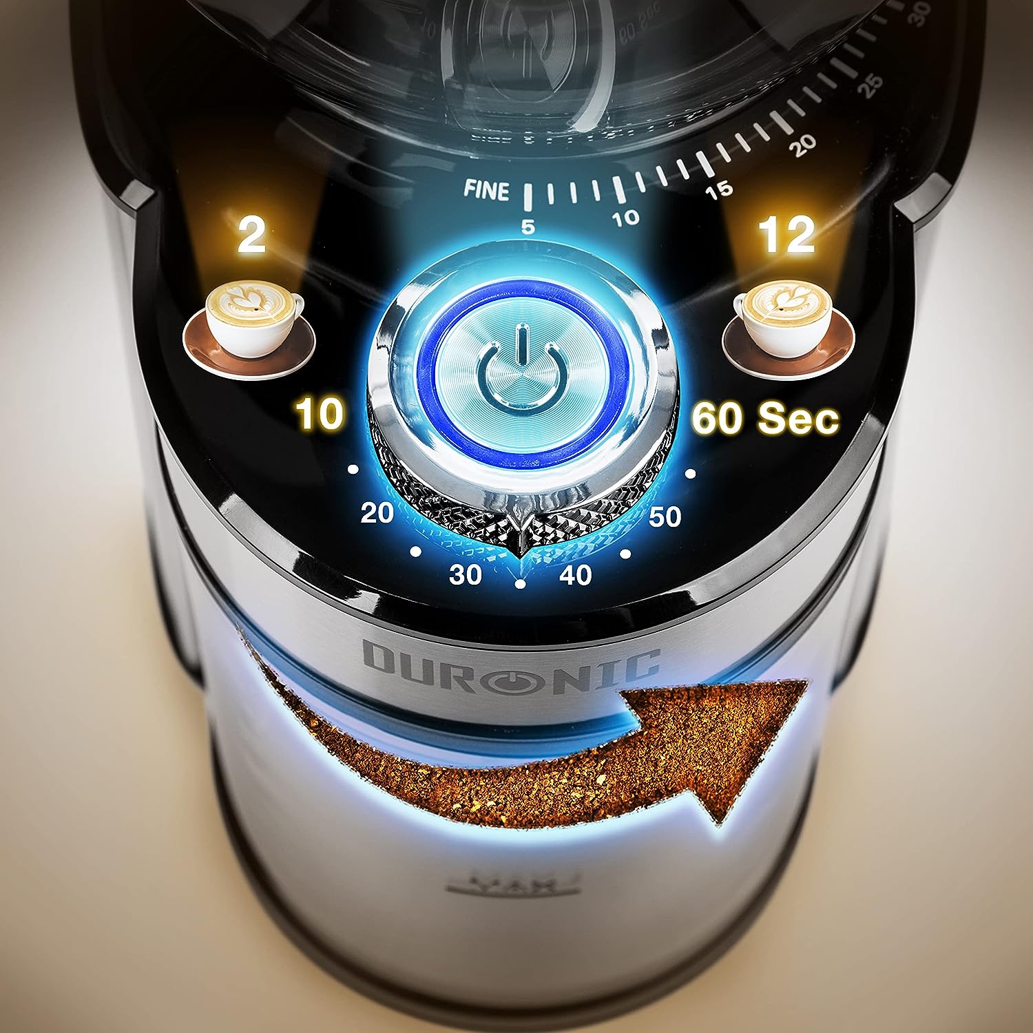 Duronic BG200 Molinillo de café eléctrico | Potencia de 200 W y 2 recipientes | 7 niveles de molido | Taza de 200 g de capacidad y recipiente de 120 g de capacidad | Cuchara incluida