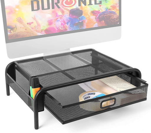 Duronic DM072 Elevador para Pantalla|Con cajón para objetos y Superficie de 33 x 29.5 cm | Hasta 10kg | Metal negro | Soporte ergonómico para Oficina Escritorio Ordenador Portátil Televisor