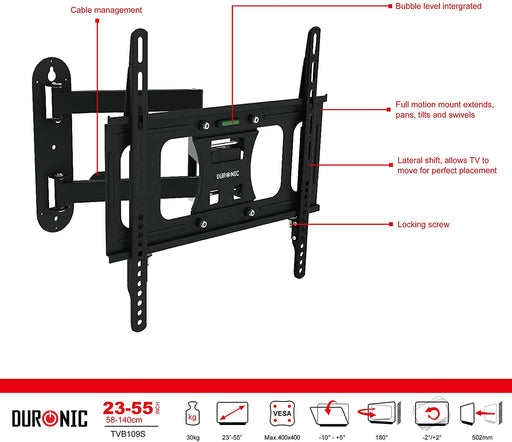 Duronic TVB109S Soporte TV de pared | Inclinable y Articulado | Compatible con VESA 400 y monitor de 23 a 37" | Hasta 45 kg de Peso