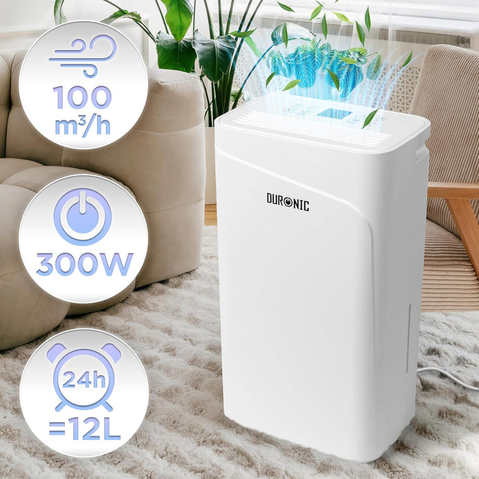 Duronic DH121 Deshumidificador 300W hasta 12L/día Depósito 2,1L con drenaje continuo Temporizador 1-24h Control humedad 30-80% Silencioso 36dB portátil con ruedas para hogar oficina sótano