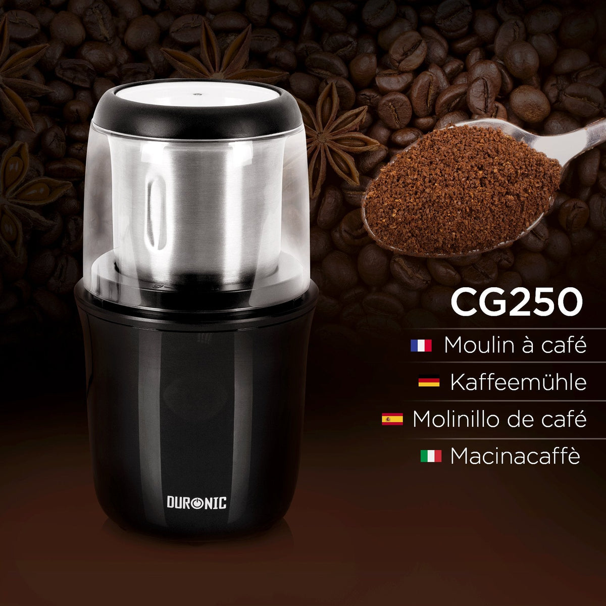 Duronic CG250 Molinillo de Café Eléctrico 250 W, Capacidad para 75 g | Mostrando el molinillo de café eléctrico en color negro sobre un fondo de granos de café y anís estrellado, junto a una cuchara con café molido y el texto 