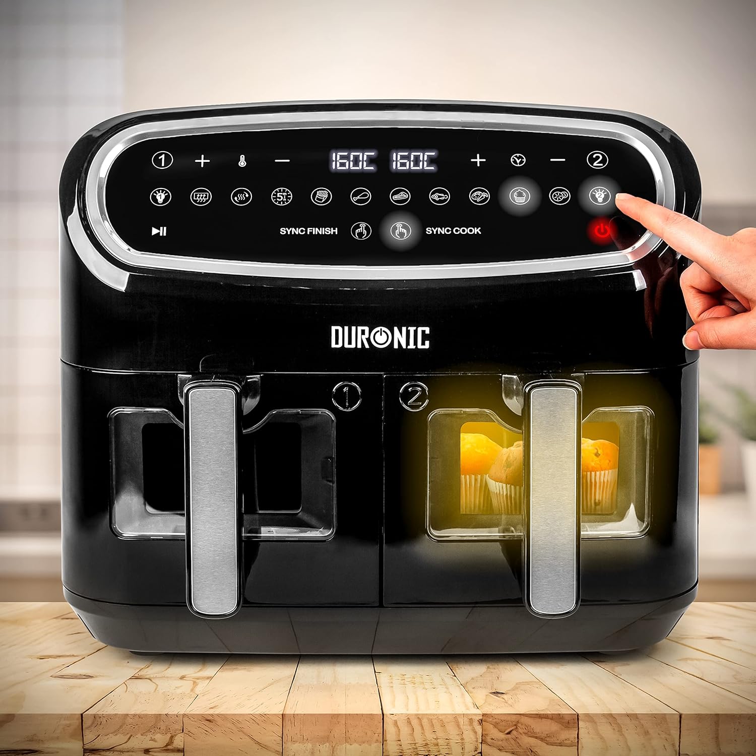 Duronic AF34 BK Freidora de aire sin aceite 2400 W | Air Fryer 2 cestas 5L + 1 cesta 10L con Ventana | Airfryer 10 programas | Pantalla táctil | Cestas antiadherentes | Fácil de limpiar | 50-200º