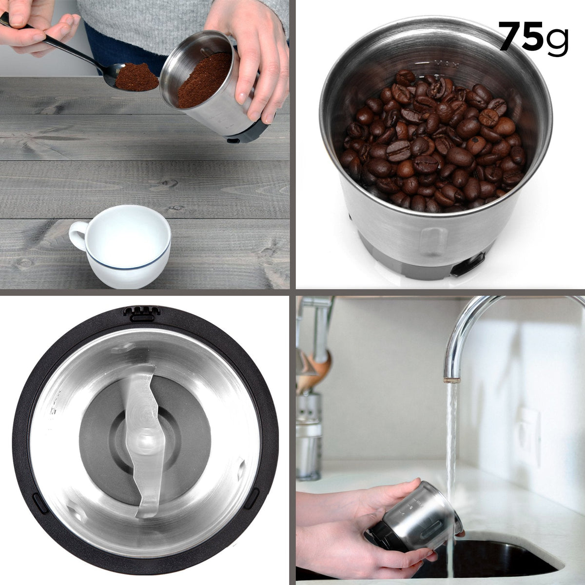 Duronic CG250 Molinillo de Café Eléctrico 250 W, Capacidad para 75 g | Mostrando las características principales del molinillo en cuatro paneles: el vaciado del café molido con una cuchara, la capacidad del recipiente con 75g de granos de café, un primer plano de las cuchillas de acero inoxidable en el interior, y el lavado del recipiente extraíble bajo el grifo de agua