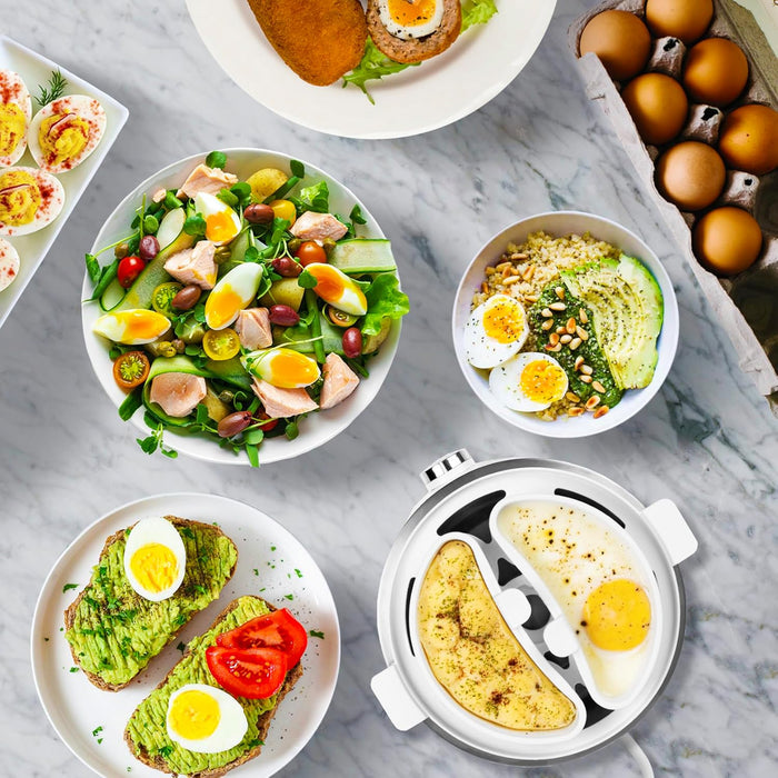 Duronic EB40 WE Hervidor de huevos | Potencia 400W | 7 huevos | Cocción con termostato y minutero | Huevos duros, huevos mollet, huevos pasados por agua | Apagado automático | Accesorio para escalfar