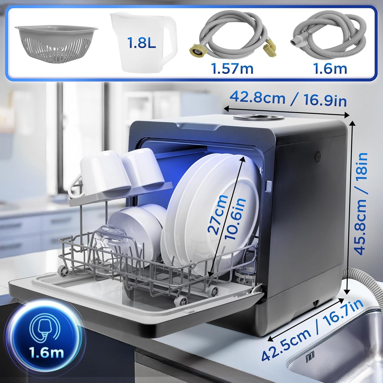 Duronic DW5 BK Lavavajillas de sobremesa 950W Lavavajillas de encimera, Mini Lavavajillas portátil compacto, Ahorrar espacio en cocinas pequeñas, 7 programas de lavado, Secado eficaz práctico