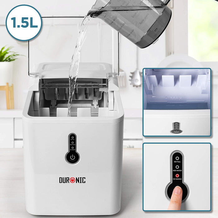 Duronic ICM120 WE Máquina para hacer hielo | 9 cubos en 7 minutos | 12kg en 24h | Cubitera de 600g y Pala incluida | Depósito de 1.5 L | 120W | Ideal para bebidas cócteles fiestas excursiones