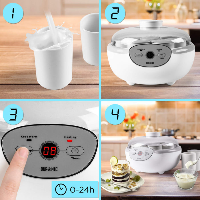 Duronic YM2 Yogurtera de 20W Capacidad para 8 Tarros de Cerámica 125ml y Tapa Transparente Antiderrame | Partes aptas para lavavajillas | Temporizador y Autoapagado | Máquina de Yogures Caseros Postre