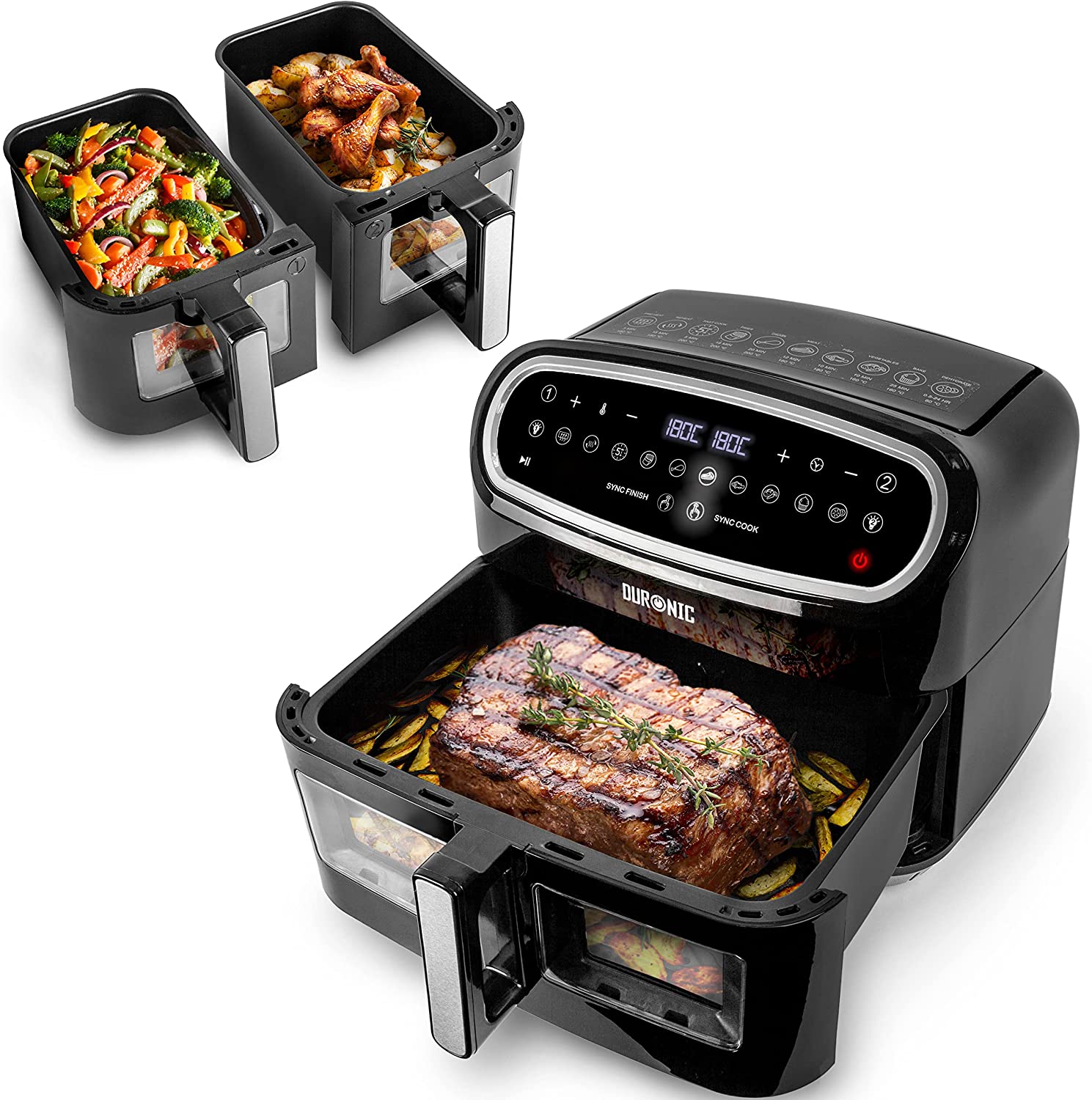 Duronic AF34 BK Freidora de aire sin aceite 2400 W | Air Fryer 2 cestas 5L + 1 cesta 10L con Ventana | Airfryer 10 programas | Pantalla táctil | Cestas antiadherentes | Fácil de limpiar | 50-200º