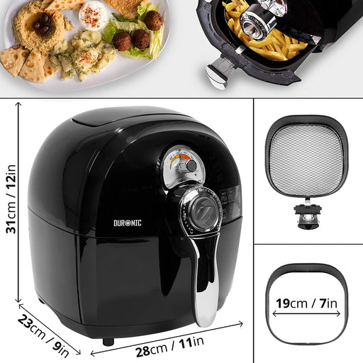 Duronic AF1 BK Freidora de aire sin aceite | Potencia 1500W y Capacidad 2.2L | Cesta antiadherente | Temperatura regulable y Temporizador | Air fryer con libro de recetas | Prepare platos más sanos