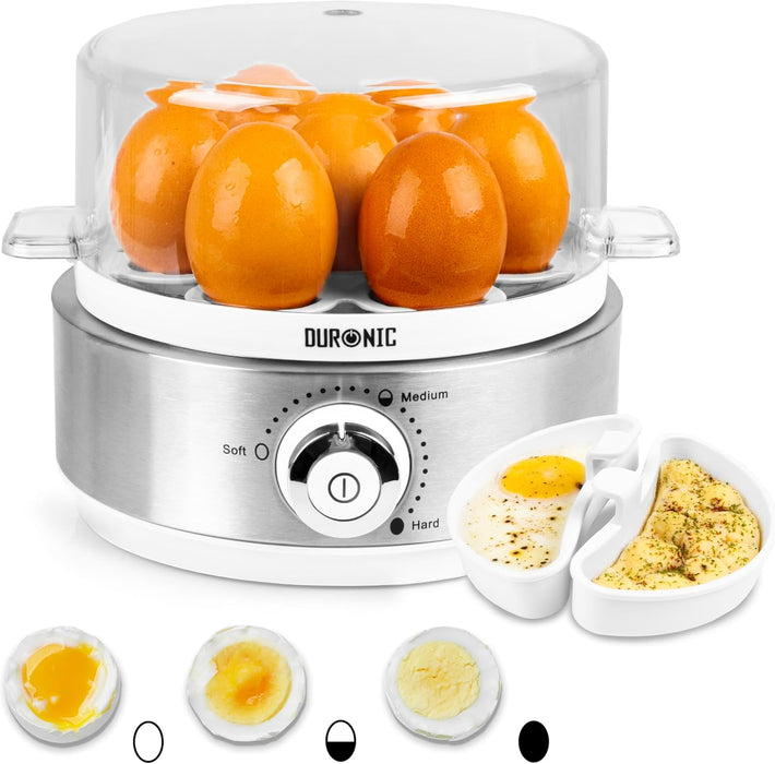 Duronic EB40 WE Hervidor de huevos | Potencia 400W | 7 huevos | Cocción con termostato y minutero | Huevos duros, huevos mollet, huevos pasados por agua | Apagado automático | Accesorio para escalfar