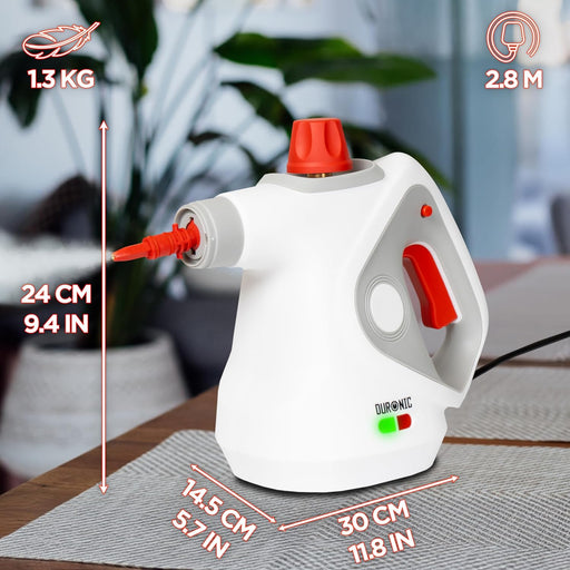 Duronic SC32 WE Limpiador de Vapor de Mano 1050W - Limpiador Vapor Portátil Multifunción Depósito 350 ml para Sofá Tejidos Juntas Ducha Horno Fregadero Ventanas Espejos Limpieza sin Químicos