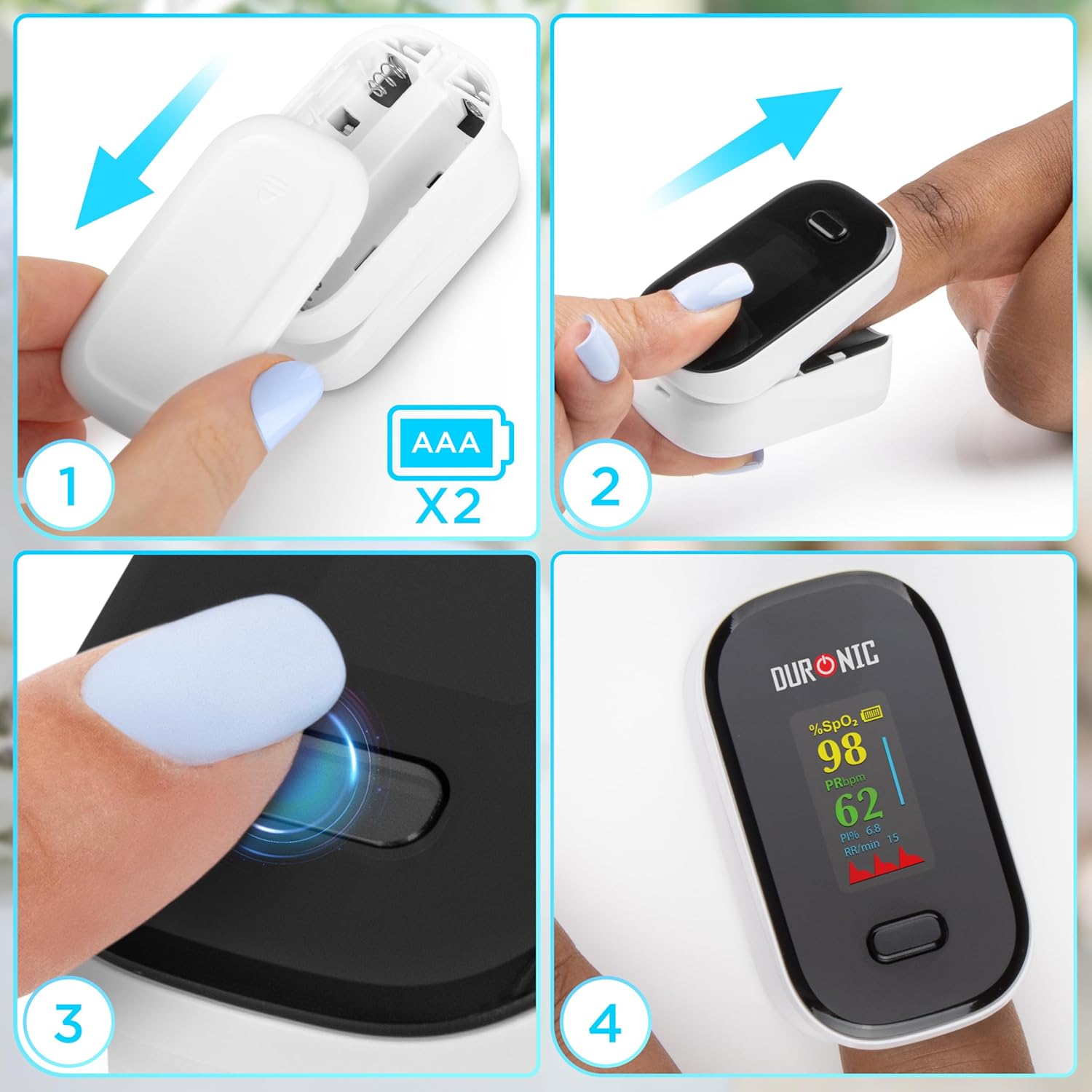 Duronic OX02 Pulsioxímetro de Dedo Profesional, Medición SpO2 y Pulso | Mostrando una guía visual de 4 pasos para el uso del dispositivo: el paso 1 ilustra la apertura del compartimento para insertar 2 pilas AAA; el paso 2 muestra cómo colocar el dedo dentro del pulsioxímetro; el paso 3 destaca la acción de presionar el botón de encendido; y el paso 4 muestra los resultados en la pantalla OLED a color con las métricas de SpO2, pulso, índice de perfusión y frecuencia respiratorio