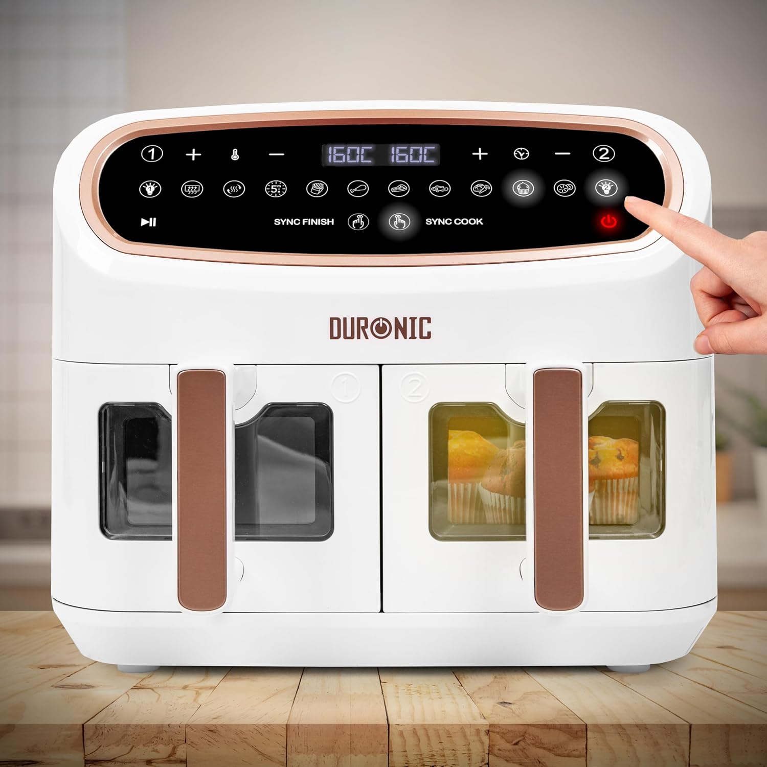 Duronic AF34 WG Freidora de aire sin aceite 2400 W | Air Fryer 2 cestas 5L + 1 cesta 10L con Ventana | Airfryer 10 programas | Pantalla táctil | Cestas antiadherentes | Fácil de limpiar | 50-200º