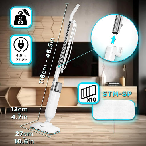 Duronic STM11 Mopa a Vapor 1100 W Calienta rapido en 15 seg Hasta 120 º Ideal para Suelos Duros | Caudal de vapor 22 ml/min 3 Mopas de Repuesto | Depósito 350ml Vaporeta Escoba Eléctrica a vapor