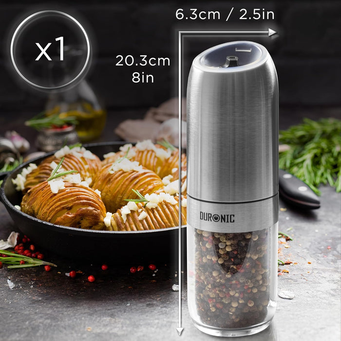 Duronic EMB1 Molinillo Eléctrico Sal y Pimienta Automático - Molino de Especias de 150 ml y Luz LED, Ajuste Preciso de Molienda, Portátil, Funciona con pilas AAA, Fácil y Práctico