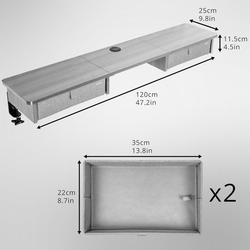 Duronic DD3 GY Cajonera con 2 cajones | Para escritorios de al menos 120cm | Añade cajones a tu mesa | Eleva la pantalla de tu ordenador | Corrige malas posturas | 120x25x11.5cm | Color gris