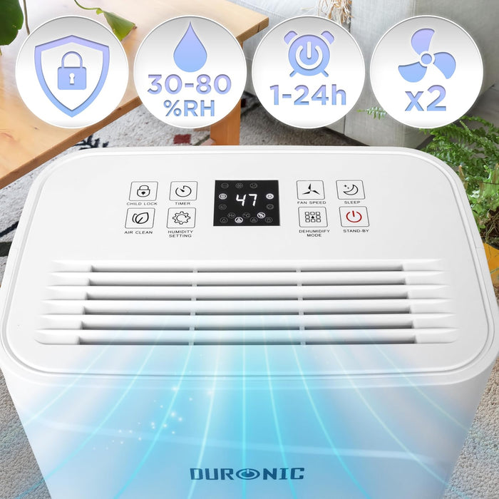 Duronic DH121 Deshumidificador 300W hasta 12L/día Depósito 2,1L con drenaje continuo Temporizador 1-24h Control humedad 30-80% Silencioso 36dB portátil con ruedas para hogar oficina sótano