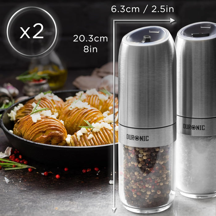 Duronic EMB2 Set 2 Molinillos Eléctricos Sal y Pimienta Automáticos - Molinos de Especias 150 ml con Luz LED, Ajuste Preciso de Molienda, Portátiles, Funciona con Pilas AAA, Fácil y Práctico