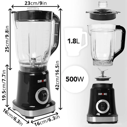 Duronic BL5 Batidora de Vaso de 500W y Jarra de Tritan libre de BPA | Capacidad de 1.8 L y 2 Velocidades|Cuchillas desmontables|Para Batidos Picar Hielo y Función Pulso| Ideal para Smoothies Batidos