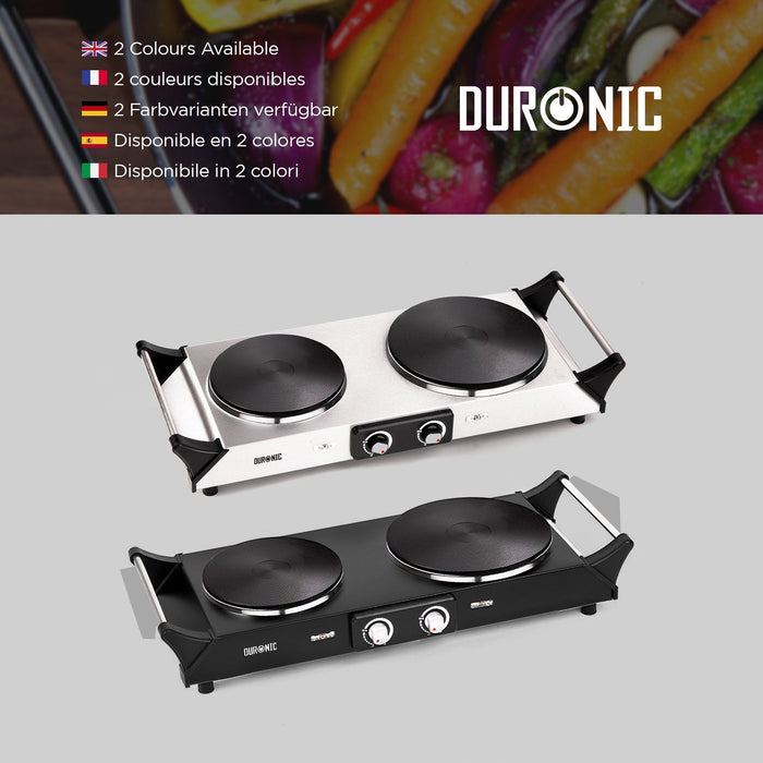 Duronic HP2 SS Hornillo eléctrico Portátil 2500W con 2 Fuegos diámetro 187mm y 152mm y Termostato Regulable | Placa de Cocción Eléctrica de Acero Inoxidable con Asas Calientaplatos | Ideal para camping