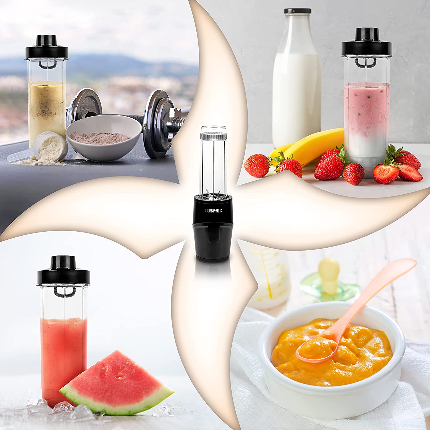 Duronic BL510 Mini Batidora de Vaso Individual 500W | 1 Botella 570ml y Tapa Antifugas | Cuchilla Inox | Batidora Eléctrica Personal | Licuadora Smoothies Batidos | Liquidificador portátil | BPA Free