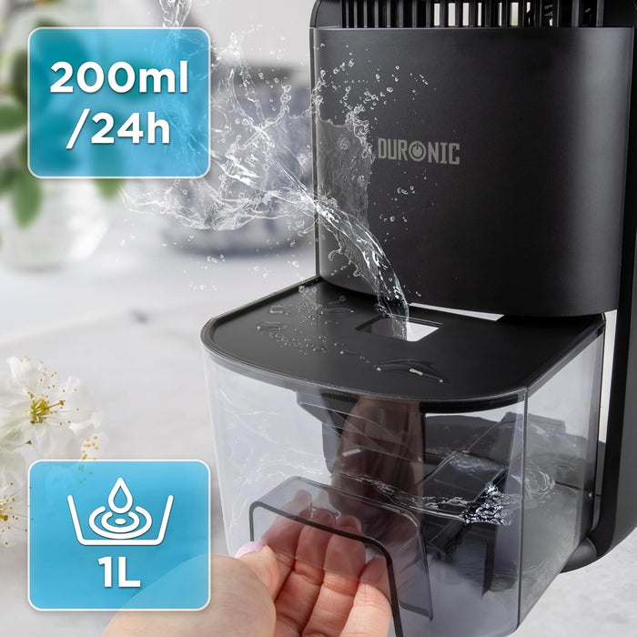 Duronic DH07 BK Deshumidificador Eléctrico - Consumo 22,5W, 240 ml/Día, Depósito 1L, Deshumidificador Compacto Silencioso 43dB. Baño, Dormitorio, Armario, Caravana. Temporizador 6-12h (Copy)