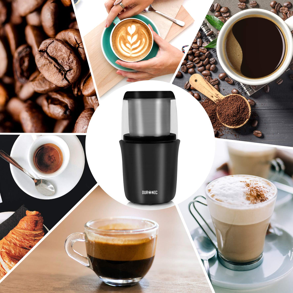 Duronic CG250 Molinillo de Café Eléctrico 250 W, Capacidad para 75 g | Mostrando en el centro el molinillo de café en color negro rodeado de un collage con diversas preparaciones de café (capuchino con arte latte, espresso, café negro con granos, café con leche o capuchino espumoso) y un cruasán